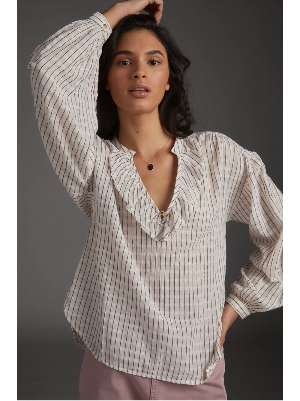 Pilcro Brianna Ruffle Collar Windowpane Striped Blouse Medium